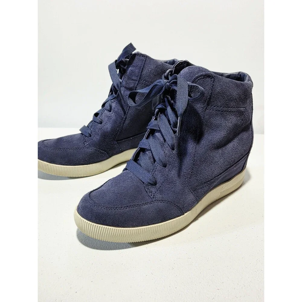 Sorel Out N About Wedge Booties Navy Blue Suede Retro Chic Street High Top SZ 9